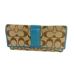 Coach Signature Canvas Checkbook Wallet Tan Brown Bleu Leather Trim